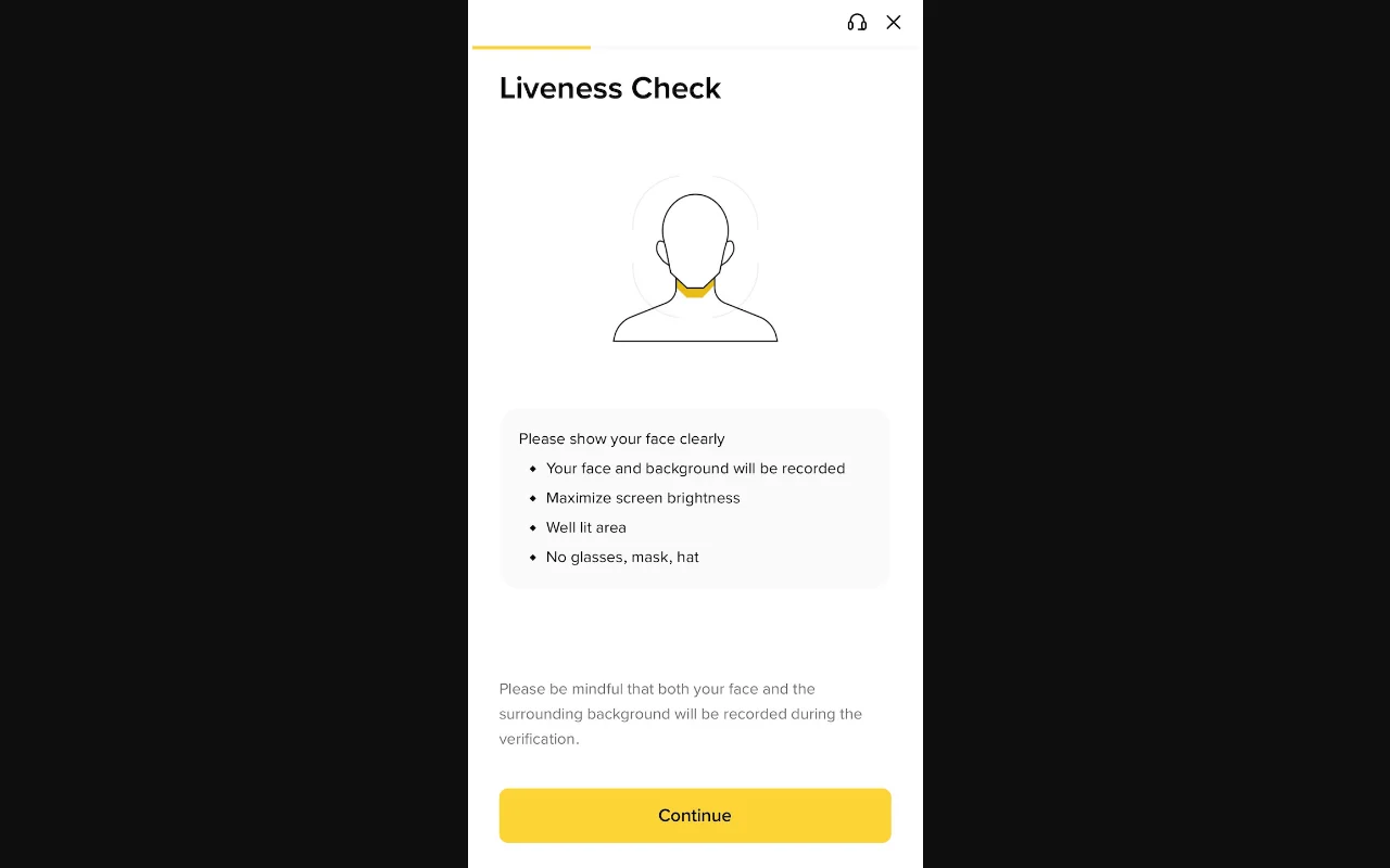 Binance official verification interface showing a real Liveness Check screen and its face, lighting, and recording instructions