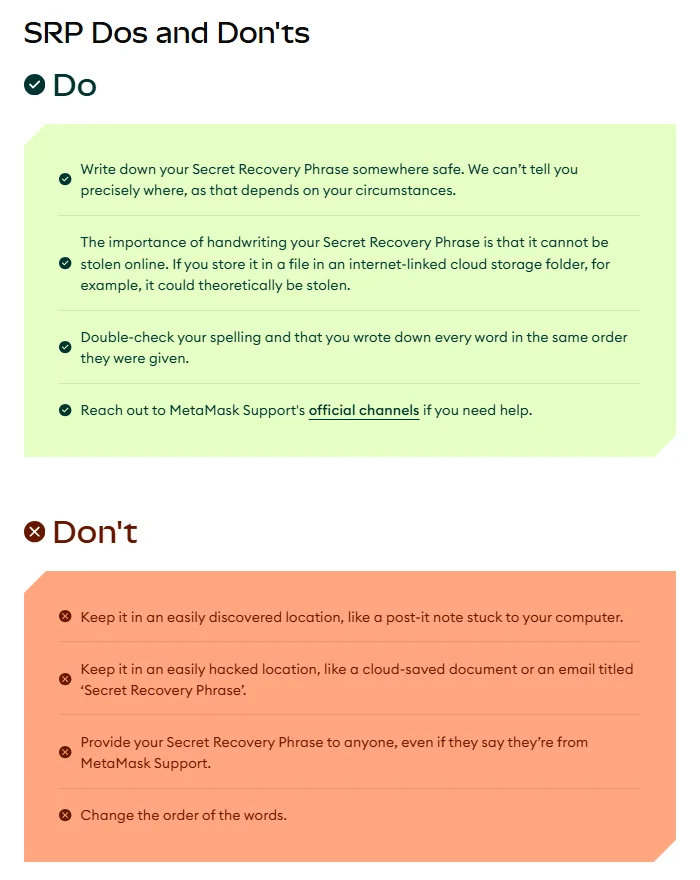 MetaMask 支援中心「SRP Dos and Don'ts」區塊:綠色欄列出手寫保存、核對拼字與順序,橙色欄列出不要貼在電腦旁、不要存在雲端文件或郵件、不要提供給自稱 MetaMask 客服的人、不要改動單字順序