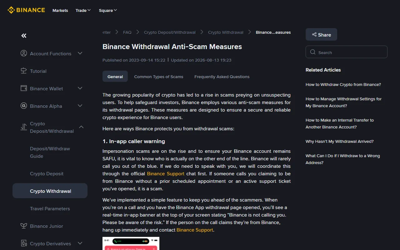 Binance help-centre page "Binance Withdrawal Anti-Scam Measures", listing the in-app caller warning and other protections on the withdrawal page, with a sample mobile warning banner