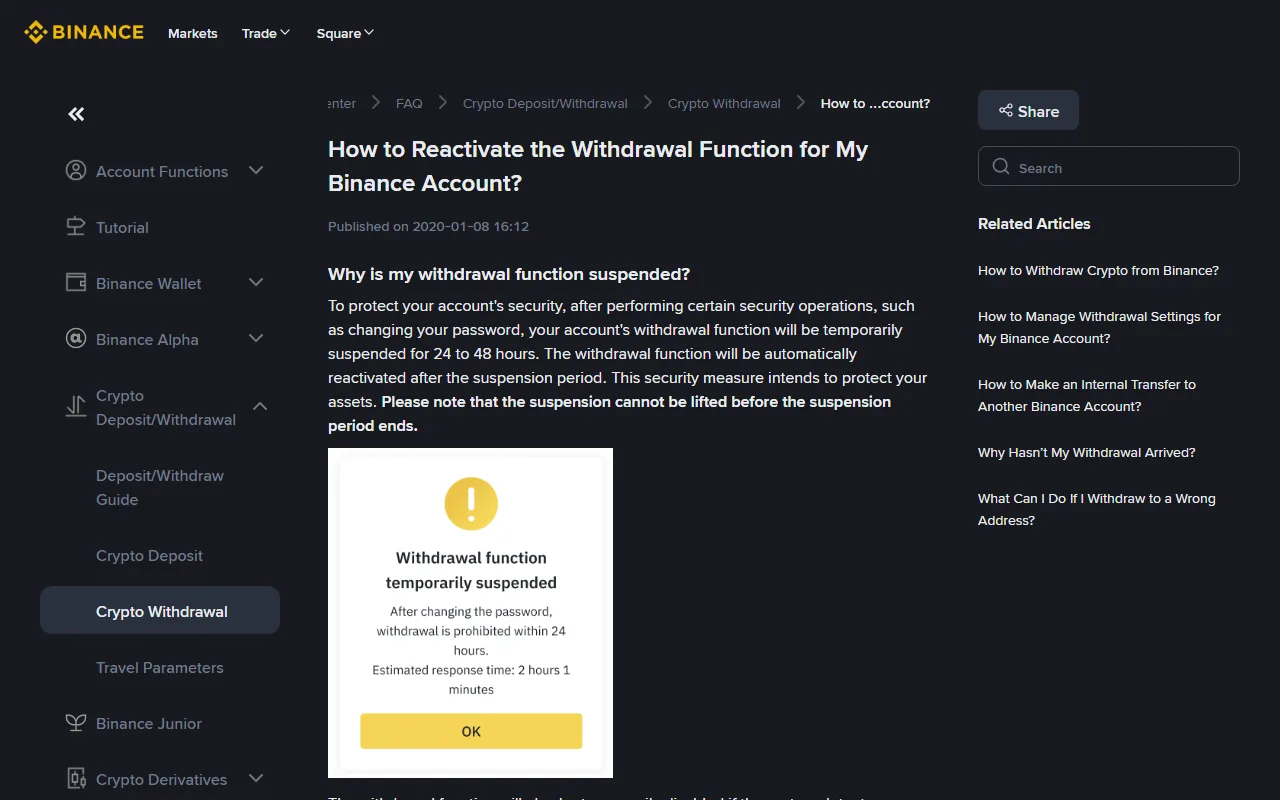 Binance help-centre page "How to Reactivate the Withdrawal Function for My Binance Account?", explaining that withdrawals are suspended for 24 to 48 hours after a security operation, with a sample "Withdrawal function temporarily suspended" dialog