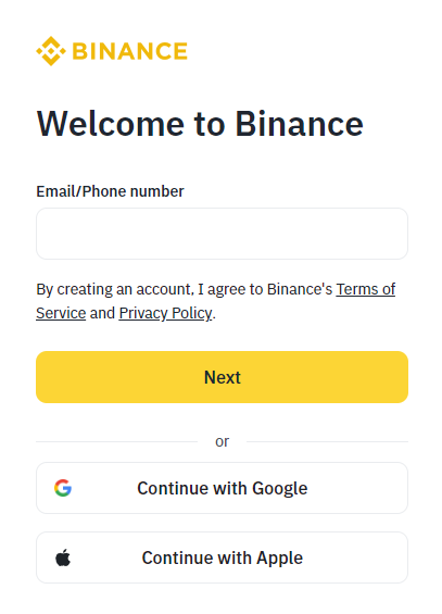 Binance 註冊頁面,顯示空白的電子信箱或手機號碼欄位、Next 按鈕,以及 Google 和 Apple 登入選項