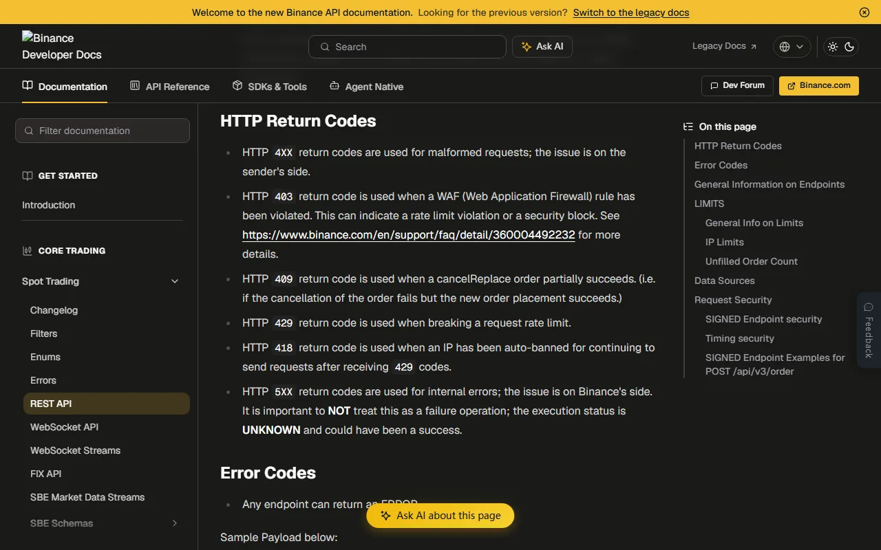 Binance developer documentation showing the HTTP Return Codes section with definitions for 4XX, 403, 409, 429, 418 and 5XX