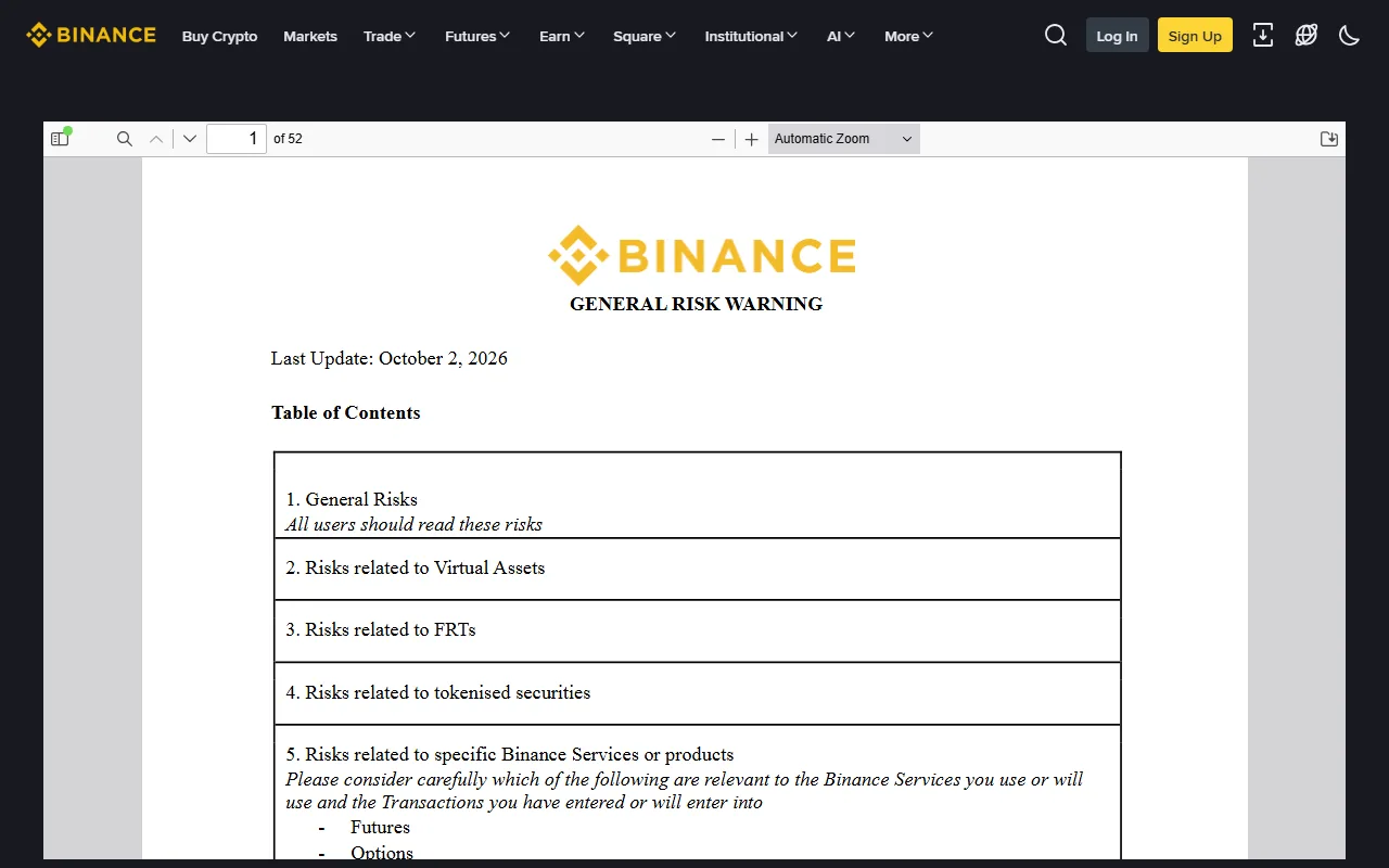 Binance risk warning page showing the embedded "GENERAL RISK WARNING" document, last updated October 2, 2026, with section 1 "General Risks" in the table of contents