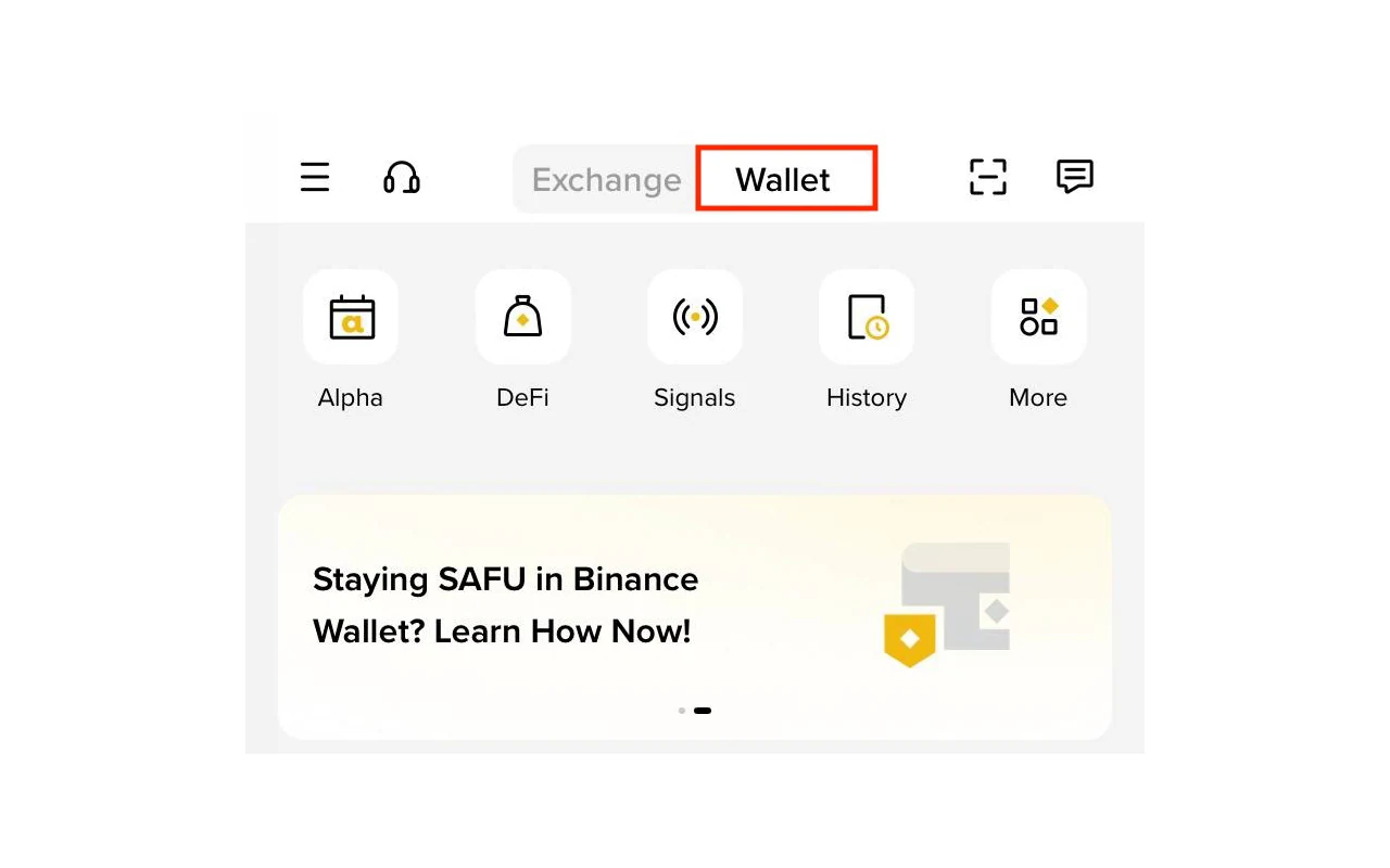 Binance App 的 Wallet 獨立入口,與 Exchange 交易所介面分開