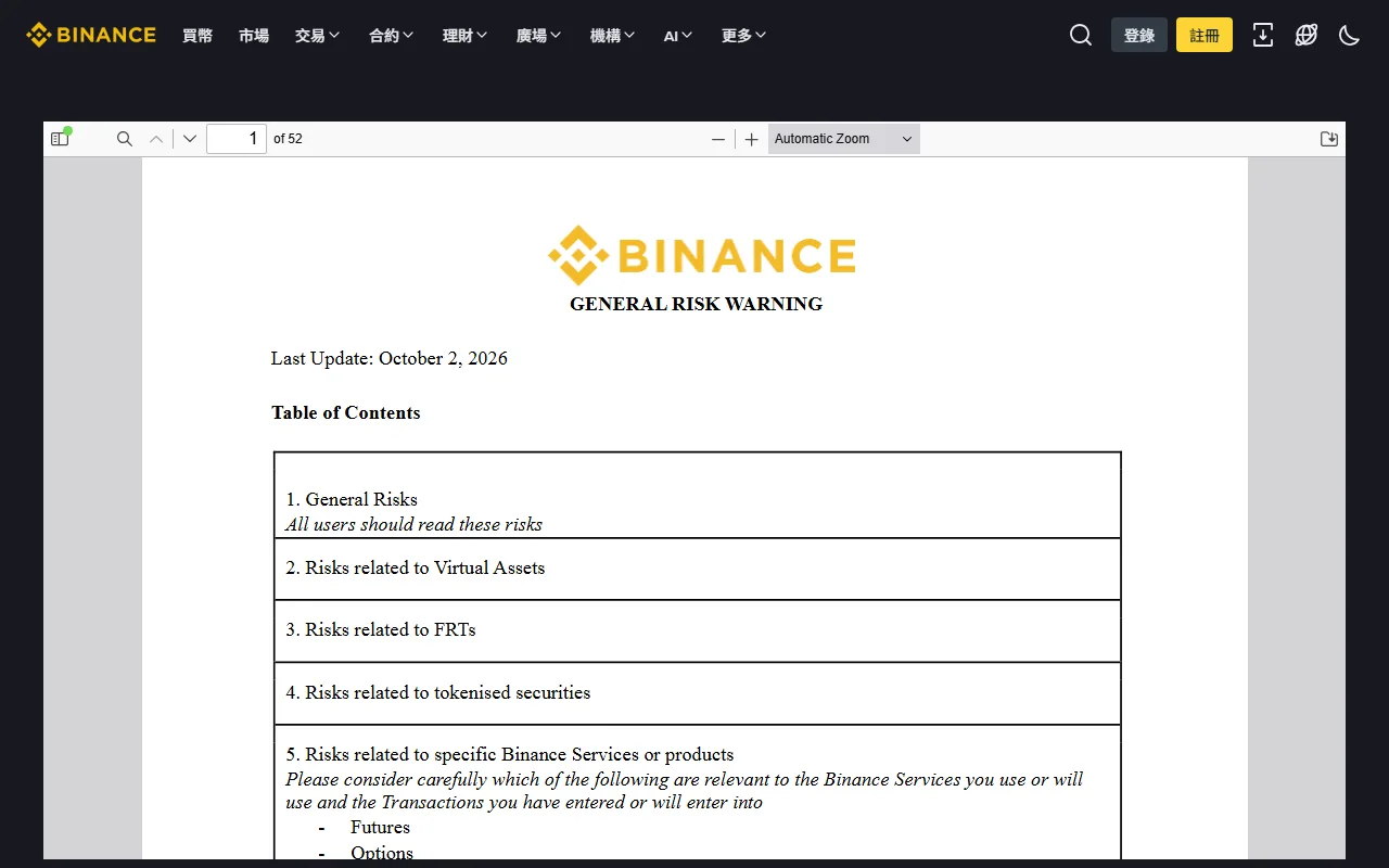 Binance 繁體中文網站的風險提示頁,內嵌《GENERAL RISK WARNING》文件,顯示最後更新日期 2026 年 10 月 2 日與目錄第 1 節「General Risks」