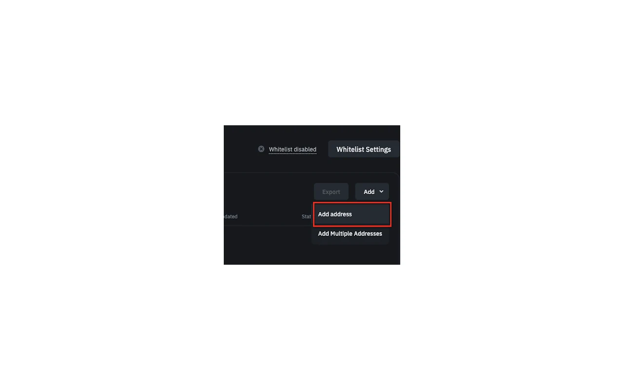 Official Binance whitelist menu showing Add address under Whitelist Settings