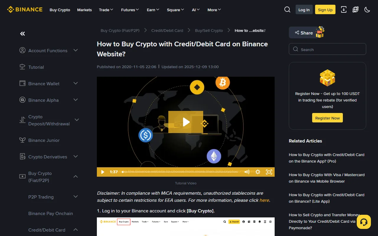 Hagaha rasmiga ah ee Binance oo muujinaya credit iyo debit card purchase flow iyo screenshots-ka website-ka