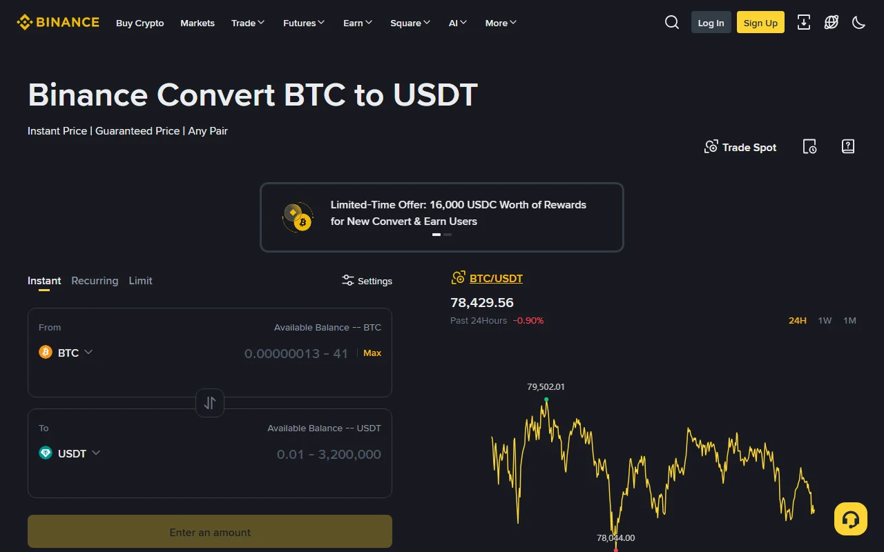 Bogga Binance Convert oo jihada BTC ilaa USDT iyo tabs-ka Instant, Recurring iyo Limit muujinaya