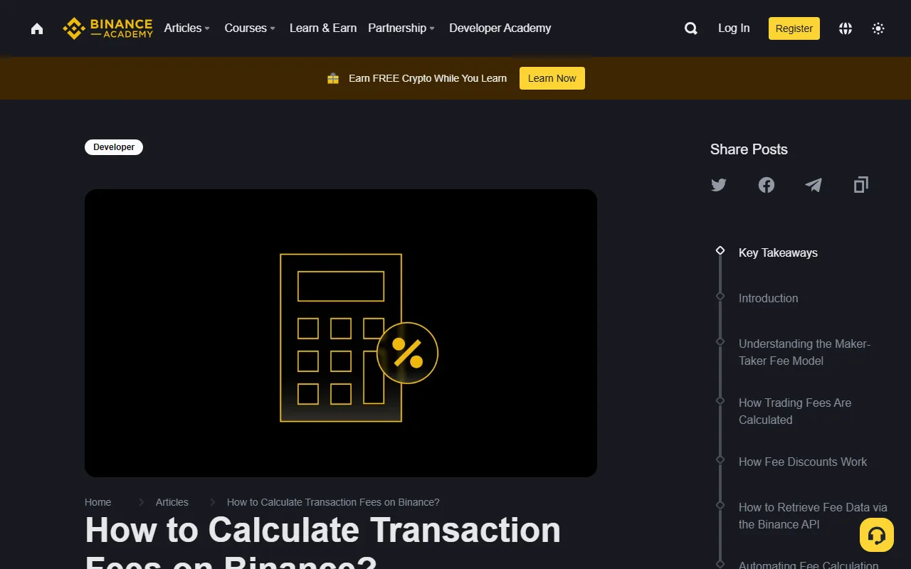 Bogga maqaalka Binance Academy ee How to Calculate Transaction Fees on Binance, oo sharxaya xisaabinta kharashka macaamilka