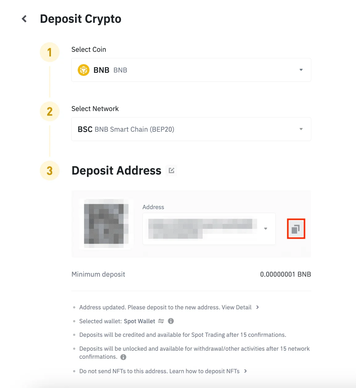 Official Binance Deposit Crypto interface showing BNB, the BSC network, a redacted deposit address, minimum deposit, and confirmation requirements