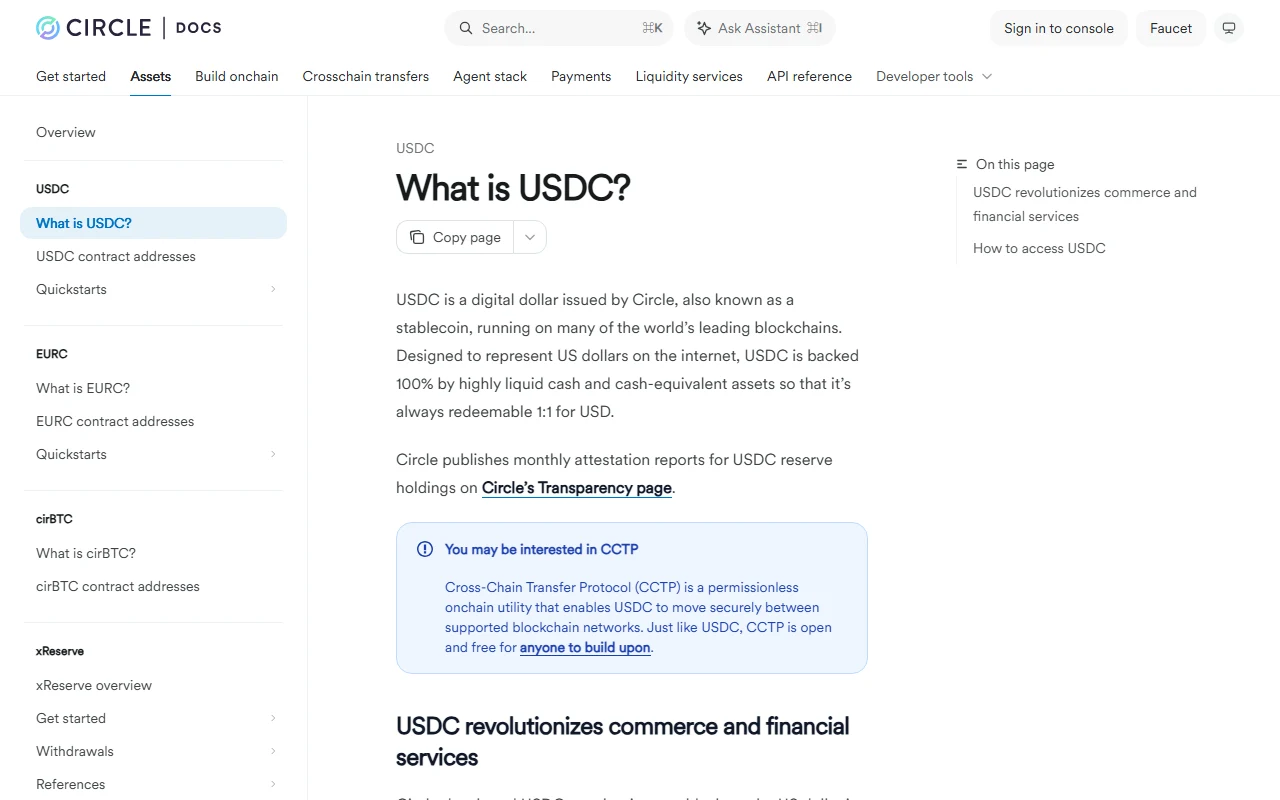 Circle's official “What is USDC?” documentation, describing USDC as a Circle-issued stablecoin running on blockchains