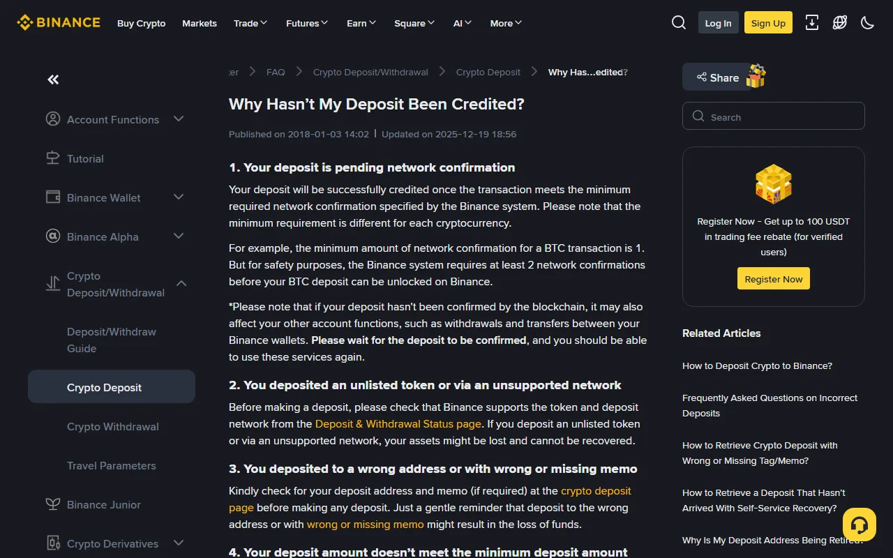 Binance support page listing network confirmations, unsupported networks, wrong Memo, and minimum deposit as causes of an uncredited deposit