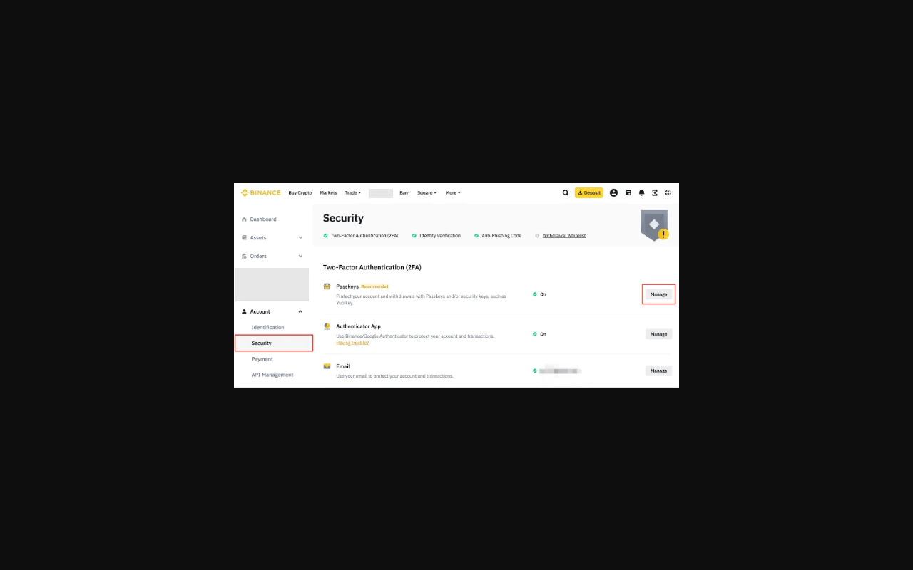 Binance official Security interface showing the real Passkeys row and Manage control, with account details masked