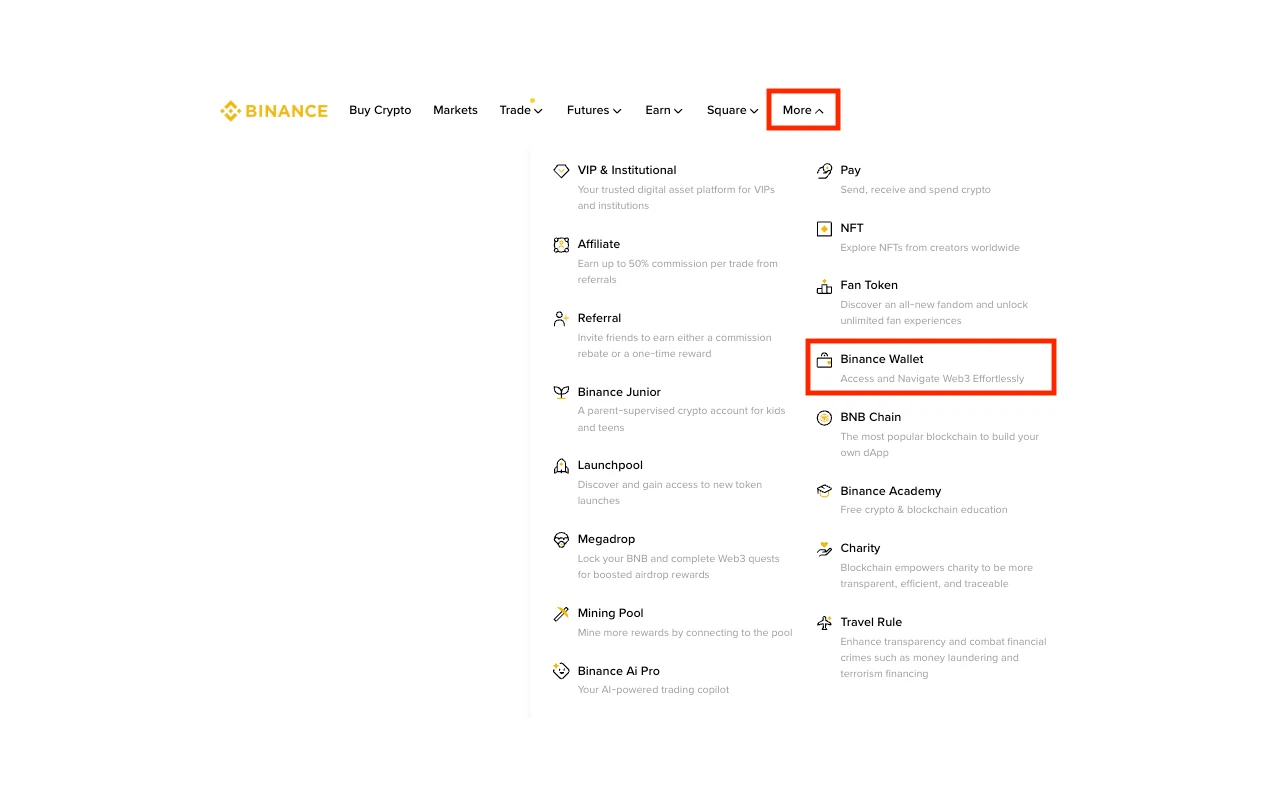 Official Binance web menu showing Binance Wallet as a separate product entry