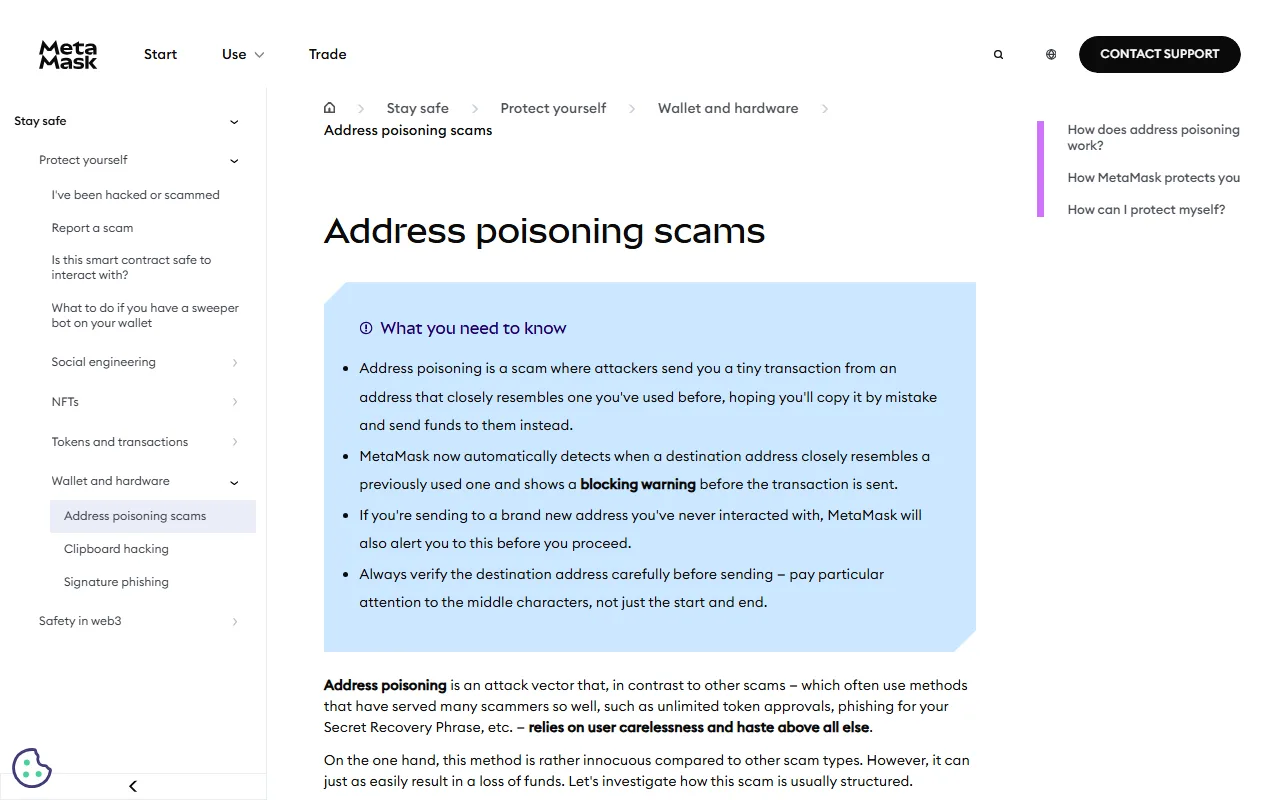 MetaMask 支援中心「Address poisoning scams」頁面重點框,說明攻擊方式、MetaMask 對相似地址的阻擋警告,以及要核對地址中段字元