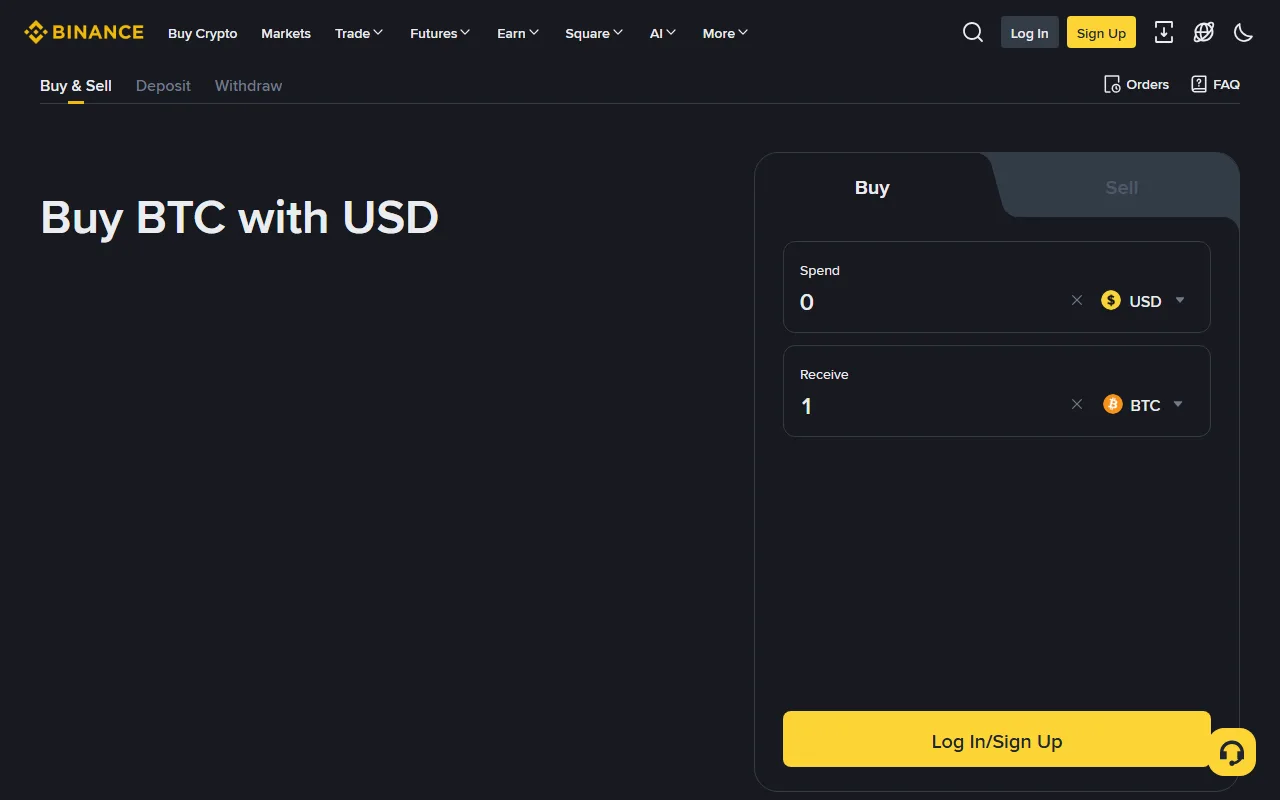 Bogga dadweynaha ee Binance Buy and Sell oo muujinaya fiat-ka la bixinayo, crypto-ga la helayo iyo baahida gelitaanka akoonka