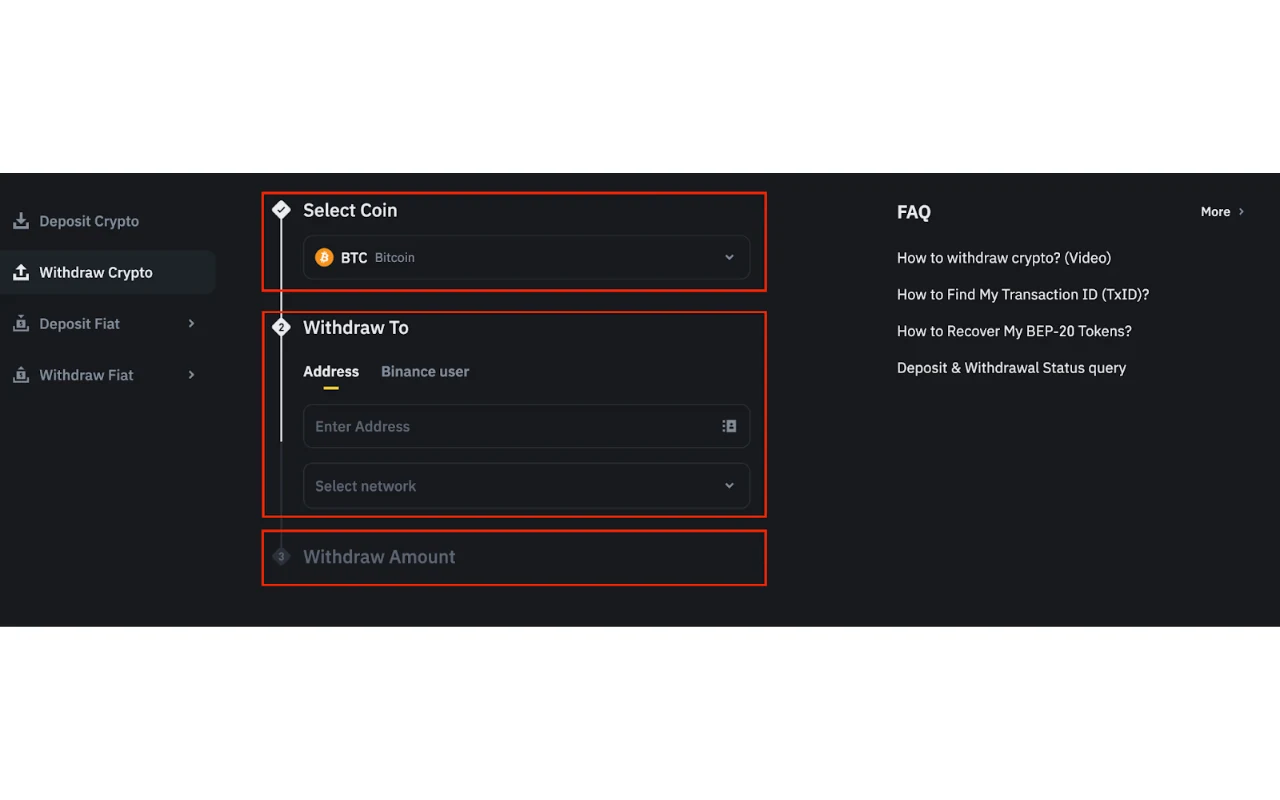 Binance 官方加密貨幣提領頁，依序要求選幣、收款地址、網路與金額