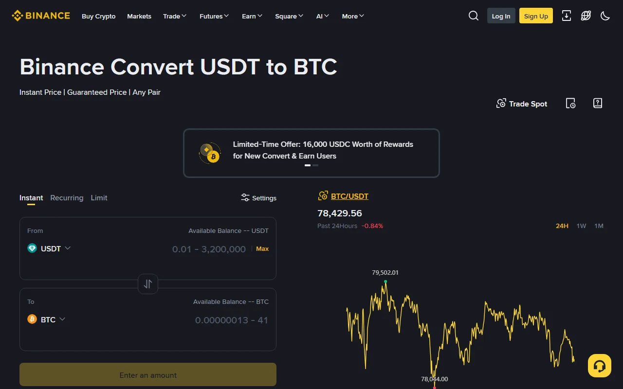 Bogga dadweynaha ee Binance Convert oo muujinaya USDT ilaa BTC, Instant, Recurring, Limit, wallet iyo market chart