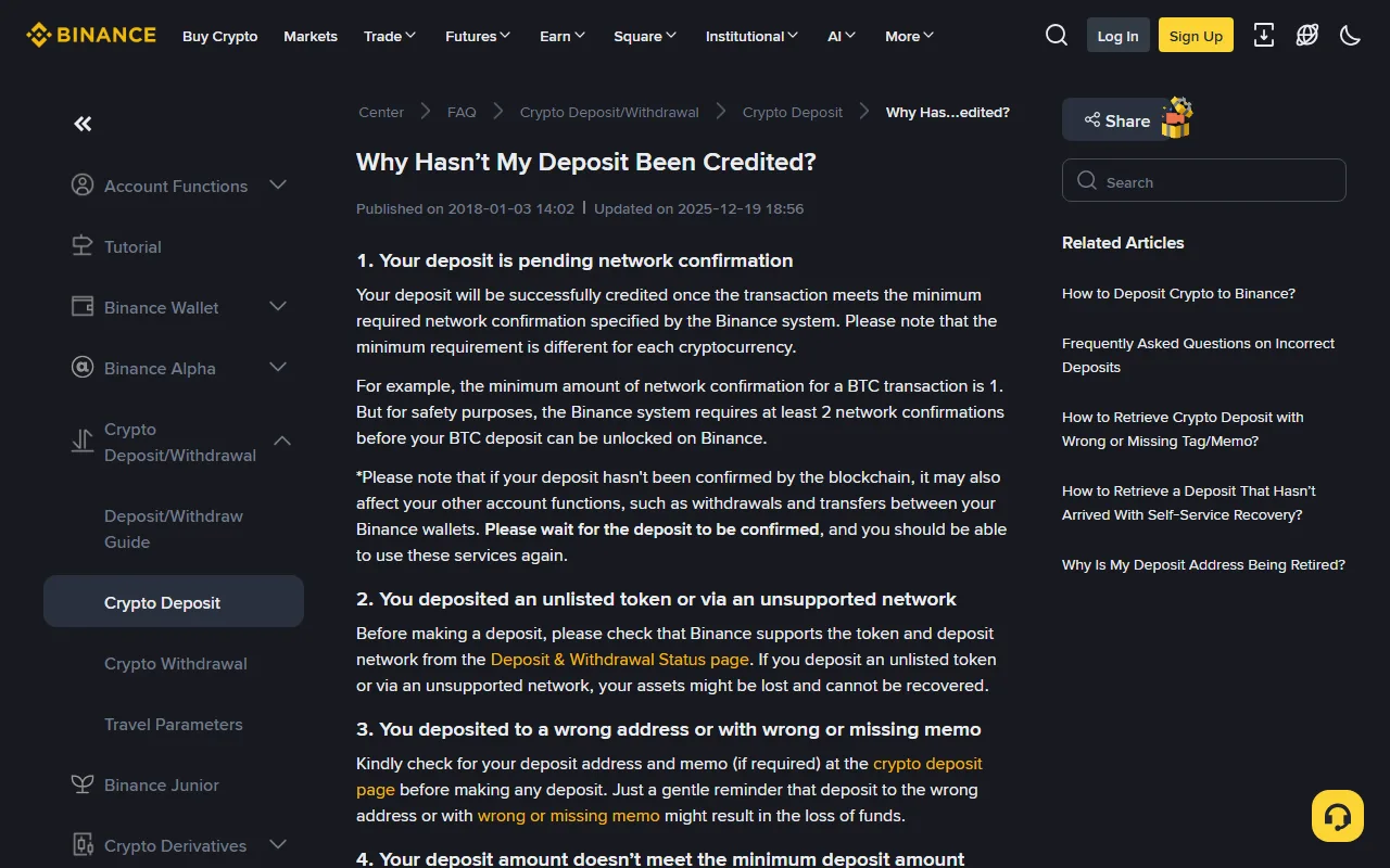 Binance Help Center page "Why Hasn't My Deposit Been Credited?" listing pending network confirmation, unlisted token or unsupported network, wrong address or memo, amount below the minimum, and wallet maintenance