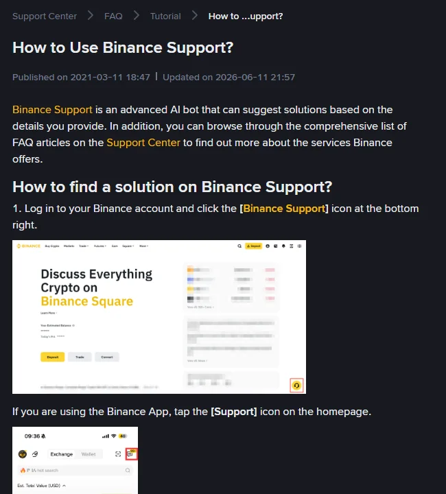Binance Help Center page "How to Use Binance Support?", step one telling users to log in and click the Binance Support icon at the bottom right