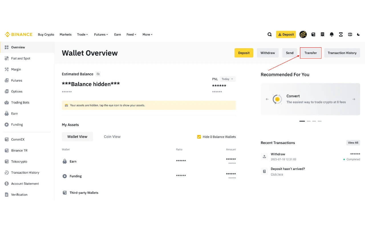 Binance 官方資產總覽顯示 Transfer 站內劃轉入口,示例餘額已遮蔽