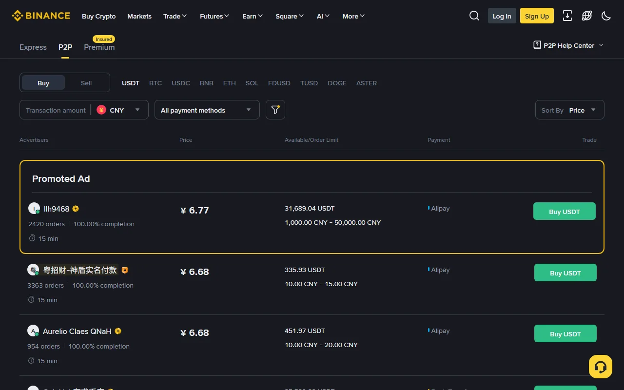Binance English P2P marketplace showing Buy USDT, fiat and payment filters, advertiser history, price, order limits and payment method