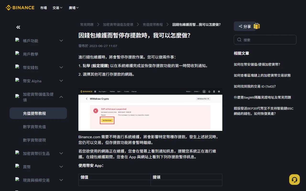 幣安幫助中心「因錢包維護而暫停存提款時,我可以怎麼做?」頁面,說明維護期間可點「設定提醒」或改選其他網路,並附上提領頁出現幣種暫停提示的範例圖