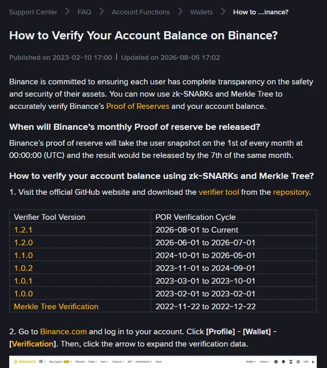 Binance Support page "How to Verify Your Account Balance on Binance?" showing the monthly snapshot at 00:00 UTC on the 1st, results by the 7th, and a table matching each verifier tool version to its PoR verification cycle