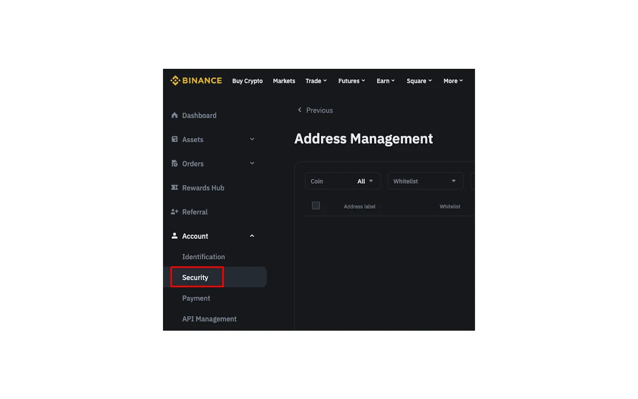 Binance 官方 Address Management 頁面，從帳戶安全區管理提領白名單