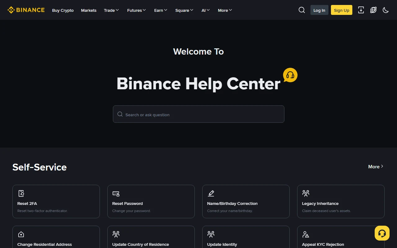 Binance English Help Center showing official search and account self-service options