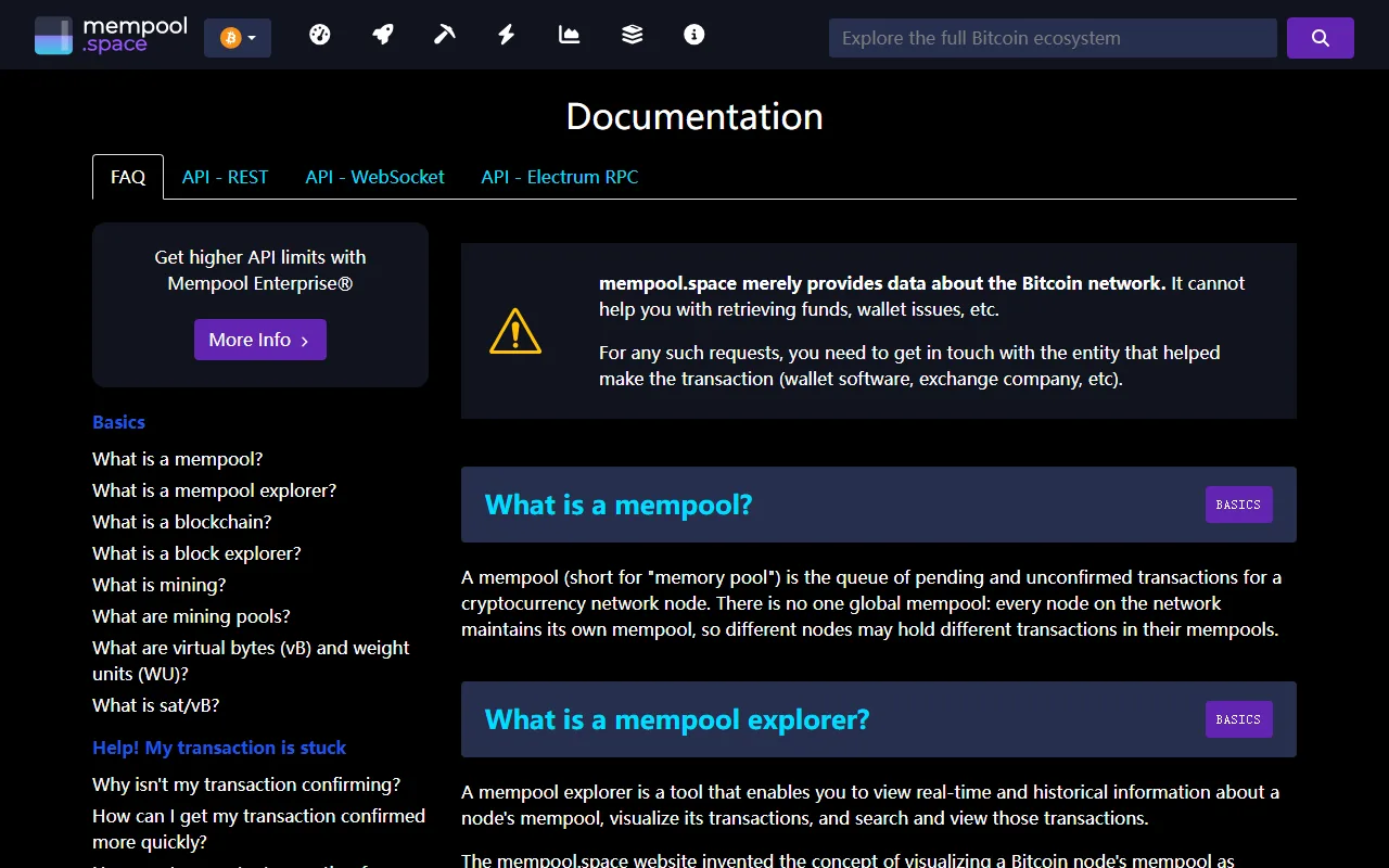 mempool.space 說明文件頁面,頂部提醒該網站只提供比特幣網路資料、無法協助找回資金,需聯絡協助發起交易的錢包或交易所