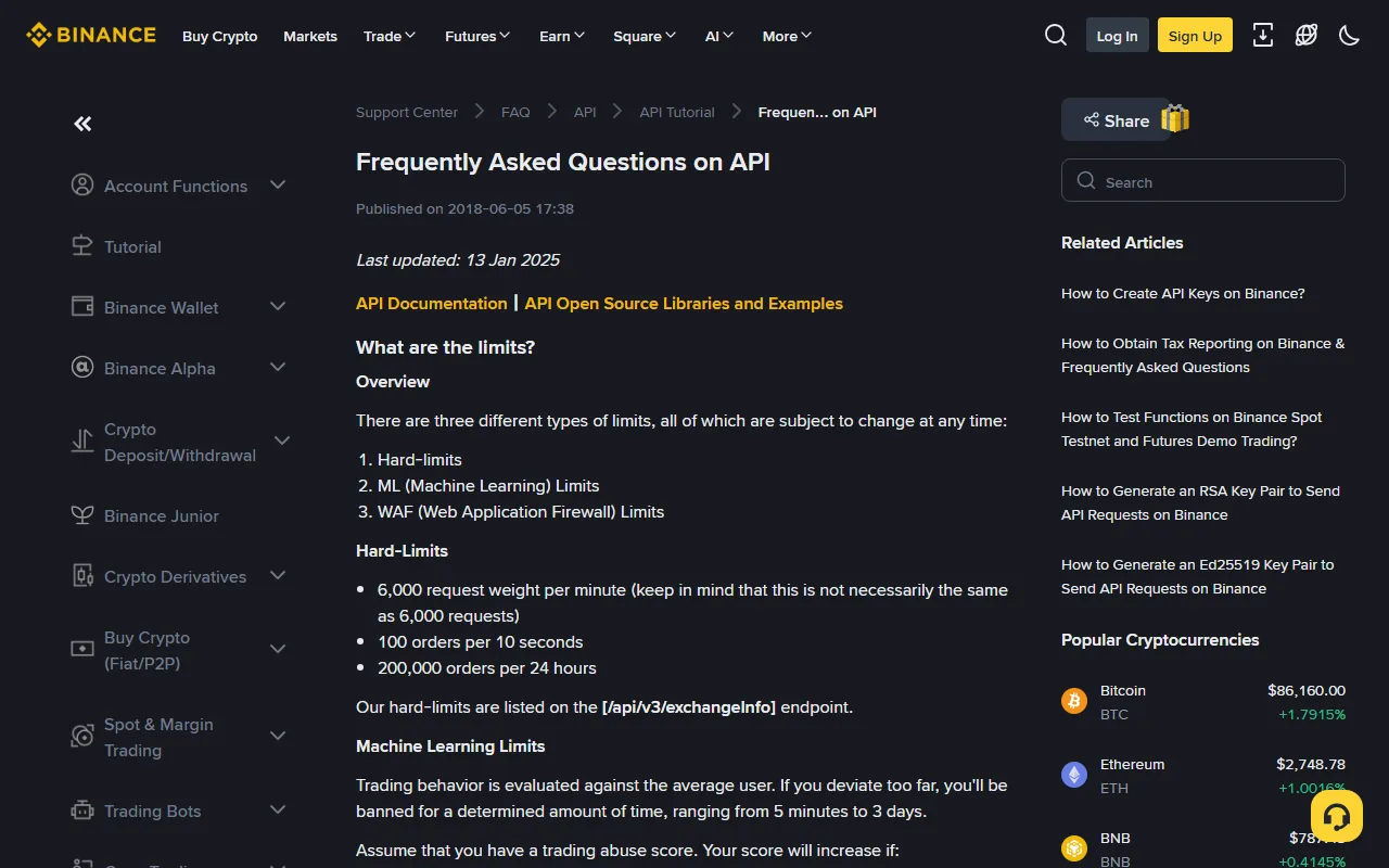 Binance help center API FAQ page listing the three limit types: hard limits, machine learning limits and WAF limits