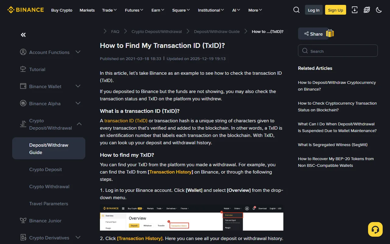 Bogga caawinta Binance "How to Find My Transaction ID (TxID)?" oo sharxaya qeexidda TxID iyo jidka Wallet Overview ilaa Transaction History