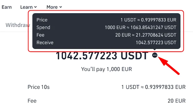 Binance Academy card-purchase confirmation screen oo muujinaya Price, Spend, Fee iyo Receive